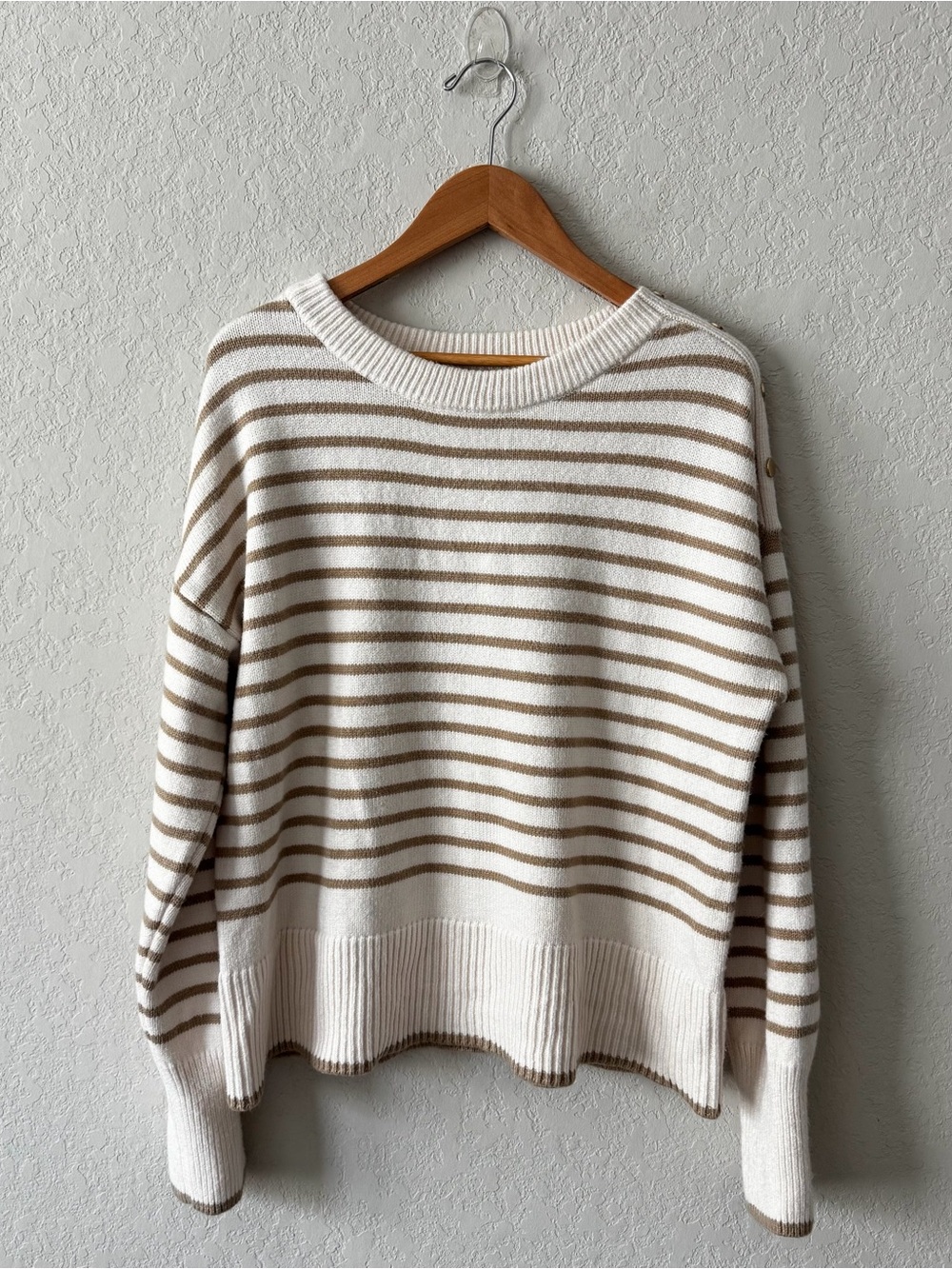 Magaschoni Cream Striped Knit Sweater Large Oversized Classic Preppy
